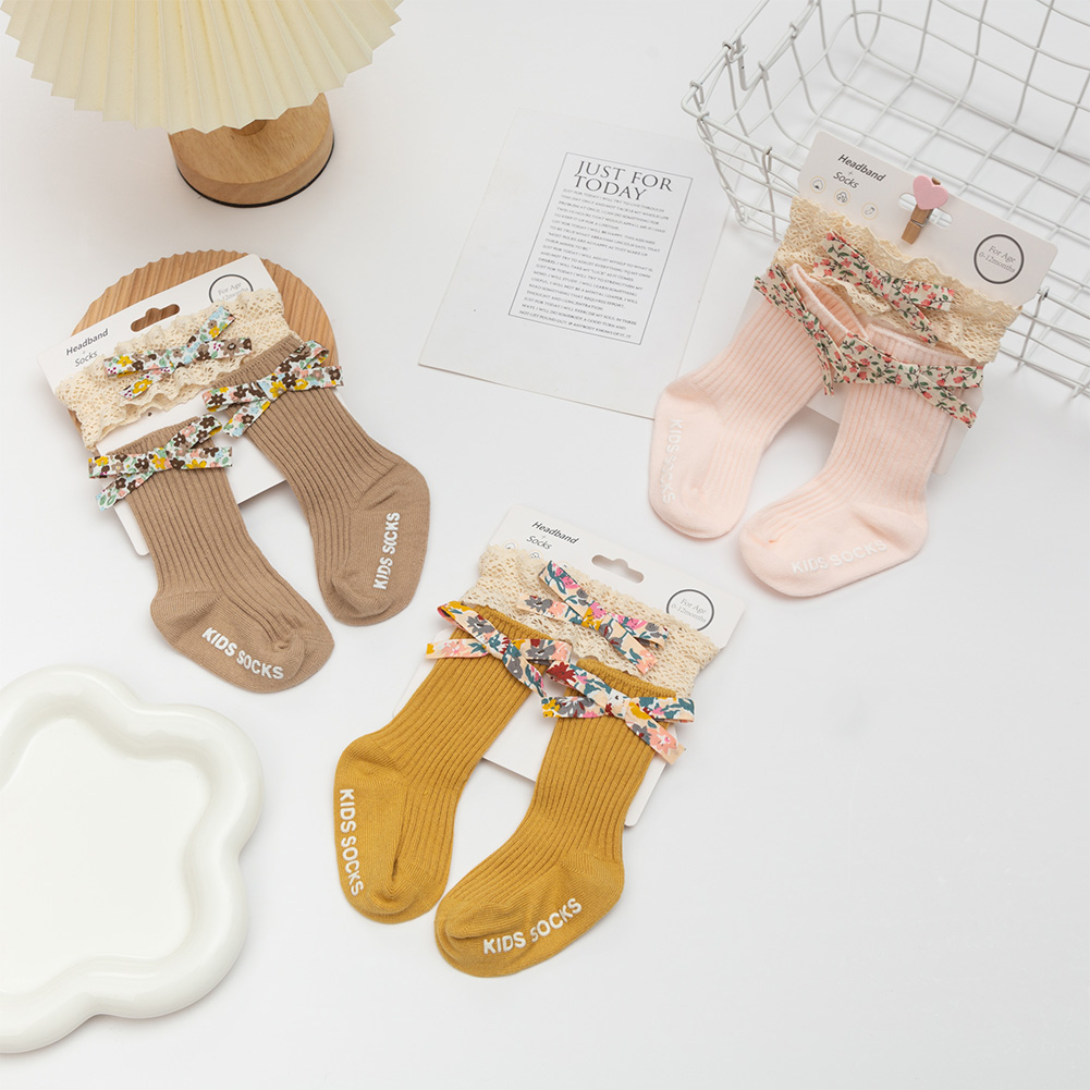 Unisex Baby Socks Non Slip - 3 szt. Kokardka z kwiatowym nadrukiem